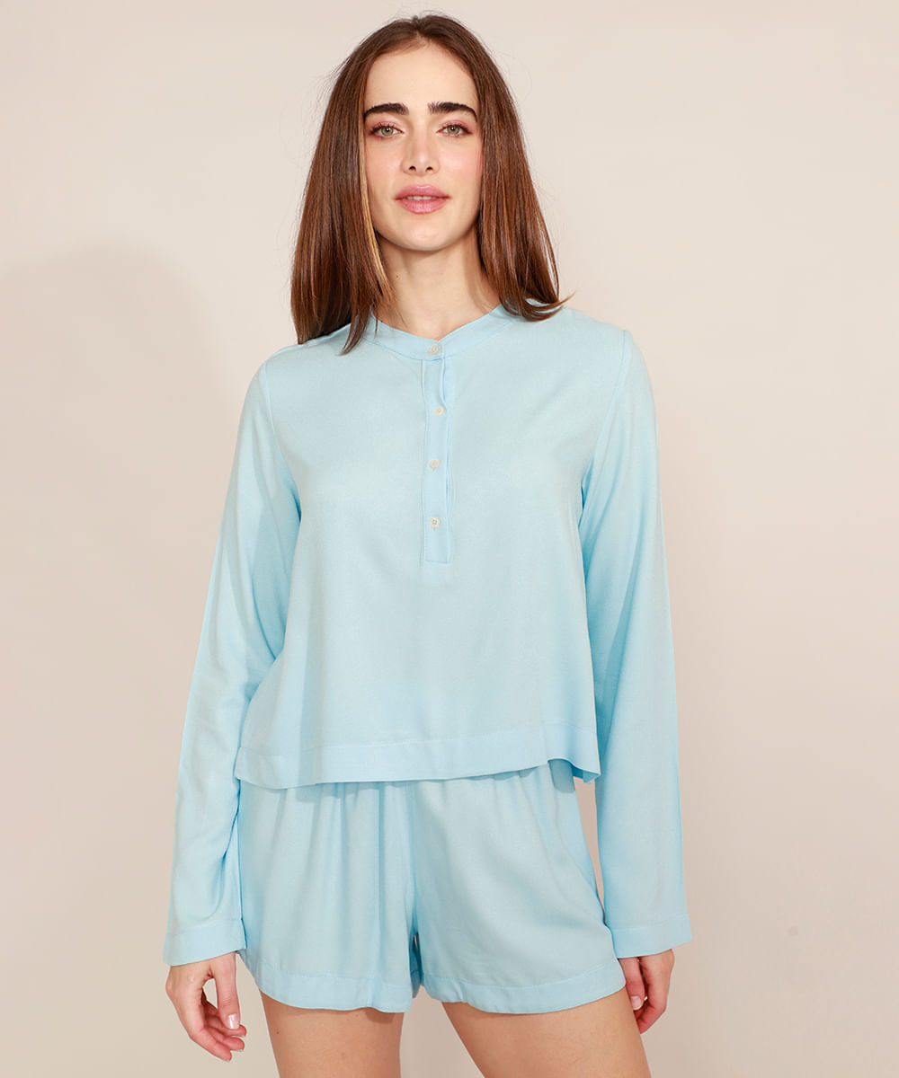 Camisa de Viscose Manga Longa Gola Padre Mindset Azul Claro