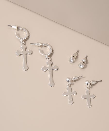 Kit-de-3-Brincos-com-Cruz-e-Pedra-Zirconia-Prateado-9980819-Prateado_1