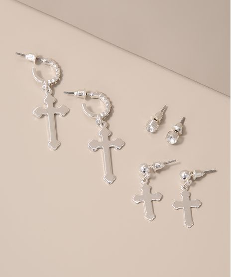 Kit-de-3-Brincos-com-Cruz-e-Pedra-Zirconia-Prateado-9980819-Prateado_1