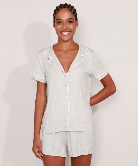 Pijama Camisa Feminino Manga Curta Cinza Mescla