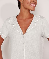 Pijama Camisa Feminino Manga Curta Cinza Mescla Gola