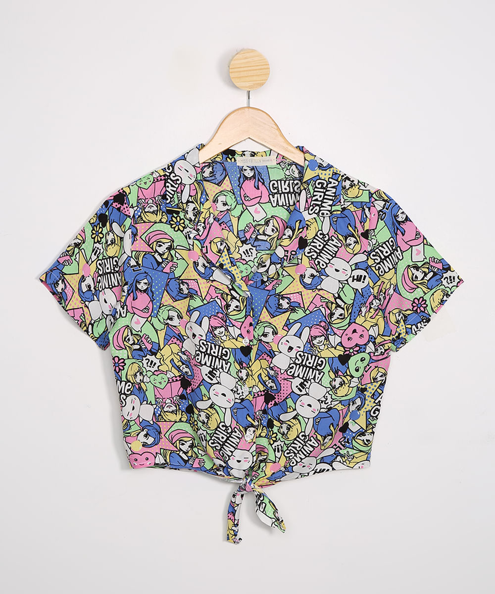 Camisa Juvenil Cropped Estampada "Anime Girls" Manga Curta Multicor