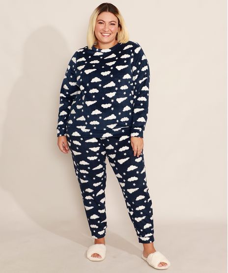 Pijama-Manga-Longa-de-Fleece-Plus-Size-Estampado-de-Nuvens-Azul-Marinho-9974577-Azul_Marinho_1