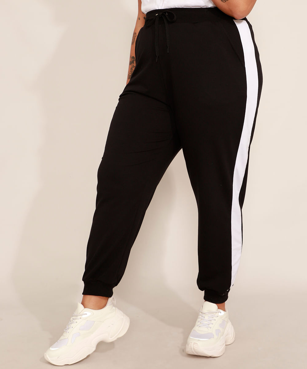 Calça Jogger de Moletom Plus Size com Bolsos e Faixa Lateral Cintura Alta Preta