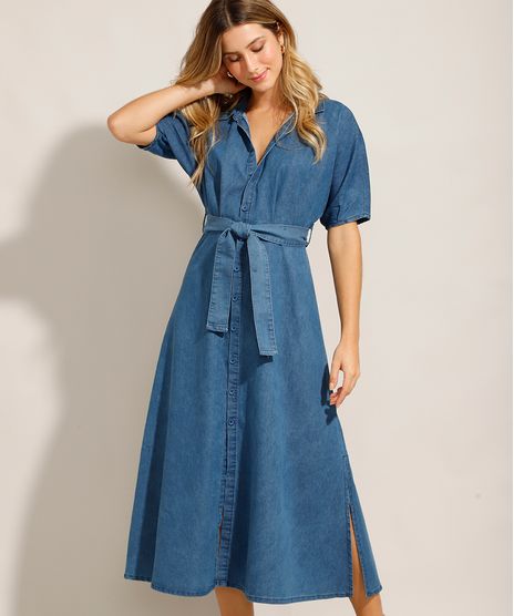 Vestido-Chemise-Jeans-Midi-com-Faixa-de-Amarrar-e-Manga-Curta-Azul-Medio-9992006-Azul_Medio_1