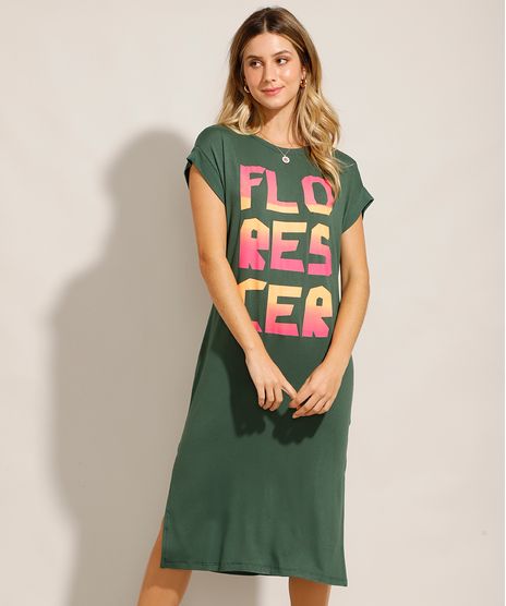 Vestido-Midi--Florescer--com-Fendas-Manga-Curta-Decote-Redondo-Verde-Escuro-9985421-Verde_Escuro_1