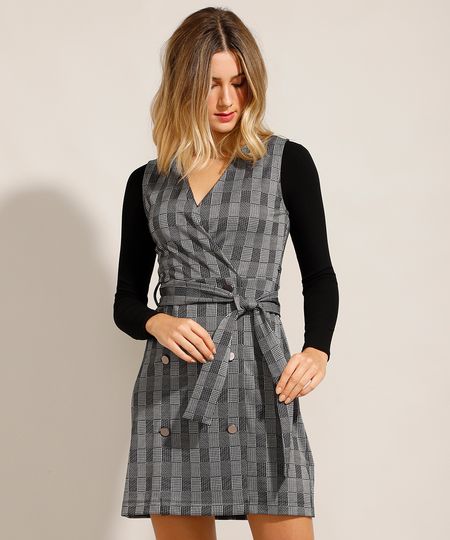 Vestido-Envelope-Curto-Estampado-Xadrez-com-Faixa-de-Amarrar-Cinza-9985272-Cinza_1