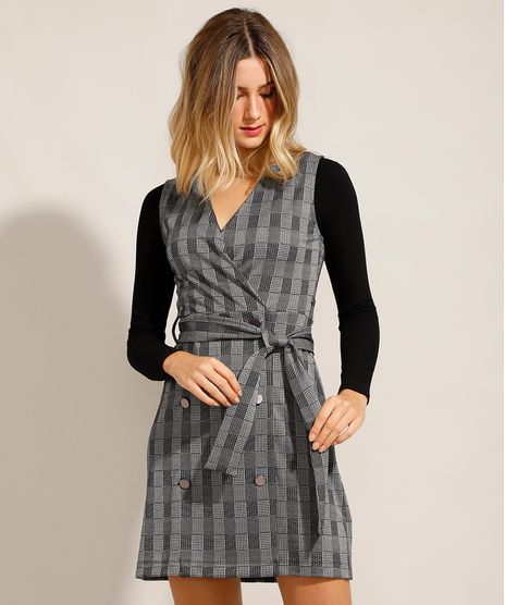 Vestido-Envelope-Curto-Estampado-Xadrez-com-Faixa-de-Amarrar-Cinza-9985272-Cinza_1