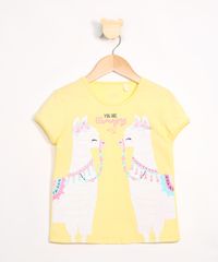 Blusa-Infantil-Lhama-com-Brilho-Manga-Curta-Decote-Redondo-Amarela-9988954-Amarelo_1