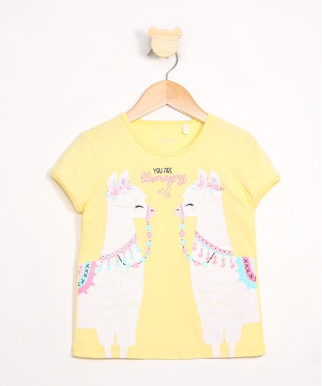 Blusa-Infantil-Lhama-com-Brilho-Manga-Curta-Decote-Redondo-Amarela-9988954-Amarelo_1