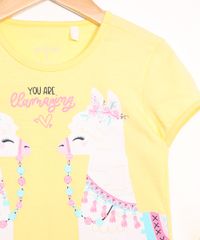 Blusa-Infantil-Lhama-com-Brilho-Manga-Curta-Decote-Redondo-Amarela-9988954-Amarelo_4