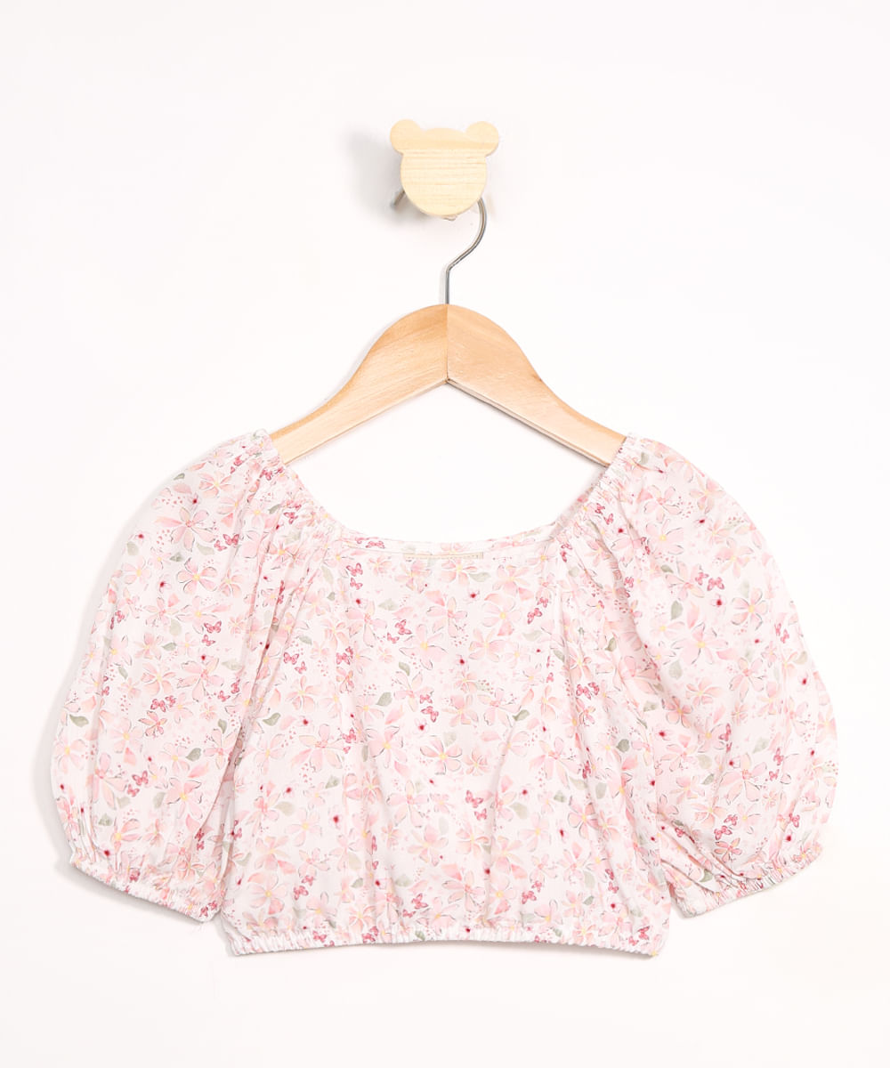 Blusa Infantil Cropped Estampada Floral Manga Bufante Decote Redondo Off White