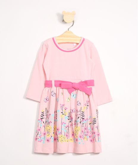 Vestido-Infantil-Estampa-na-Barra-Manga-Longa-com-Faixa-para-Amarrar-Rosa-Claro-9988474-Rosa_Claro_1