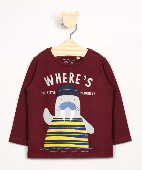 Camiseta-Infantil-Foca--Where-s-the-Little-Pinguim---Manga-Longa-Gola-Careca-Vinho-9977366-Vinho_1