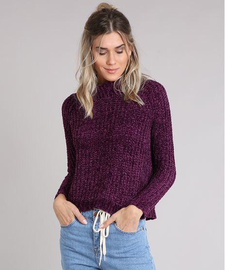 Sueter-Feminino-Gola-Alta-em-Trico-de-Chenille-Manga-Longa-Roxo-8891761-Roxo_1