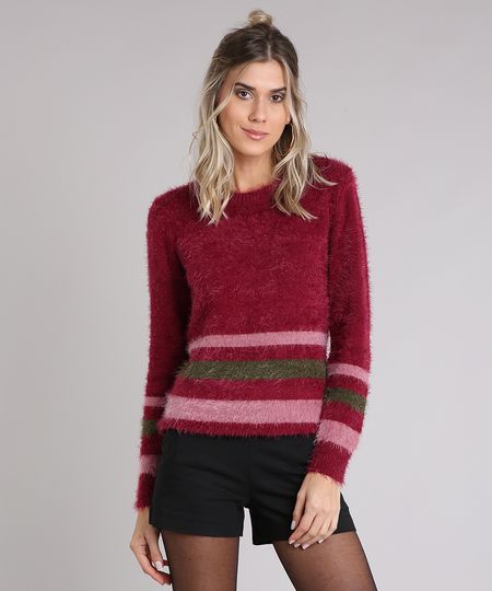 Sueter-Feminino-em-Trico-Felpudo-com-Listras-Vinho-8883222-Vinho_1