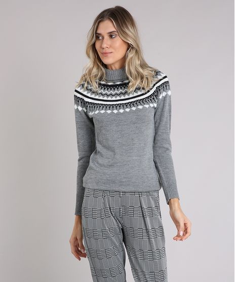 Sueter-Feminino-Gola-Alta-em-Trico-com-Estampa-Etnica-Cinza-Mescla-8886728-Cinza_Mescla_1