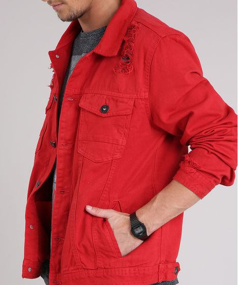 jaqueta jeans vermelha masculina