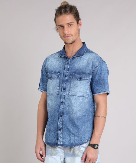 Camisa-Jeans-Masculina-Marmorizada-com-Bolsos-Manga-Curta-Azul-Medio-8820847-Azul_Medio_1 Camisa-Jeans-Masculina-Marmorizada-com-Bolsos-Manga-Curta-Azul-Medio-8820847-Azul_Medio_1