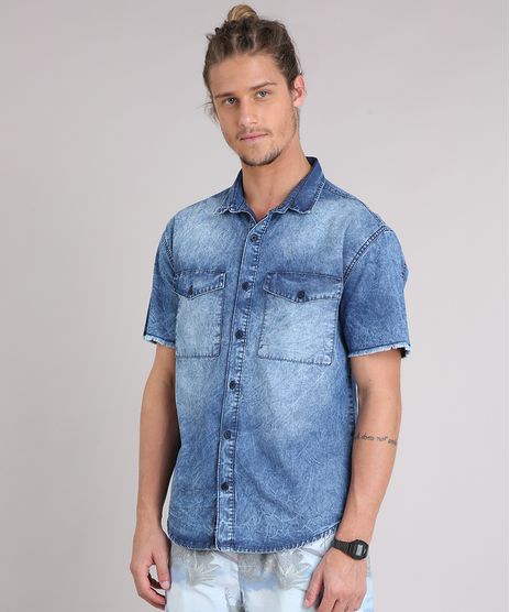 Camisa-Jeans-Masculina-Marmorizada-com-Bolsos-Manga-Curta-Azul-Medio-8820847-Azul_Medio_1