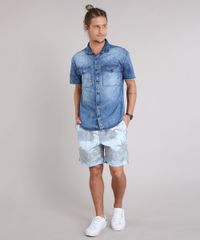 Camisa-Jeans-Masculina-Marmorizada-com-Bolsos-Manga-Curta-Azul-Medio-8820847-Azul_Medio_3