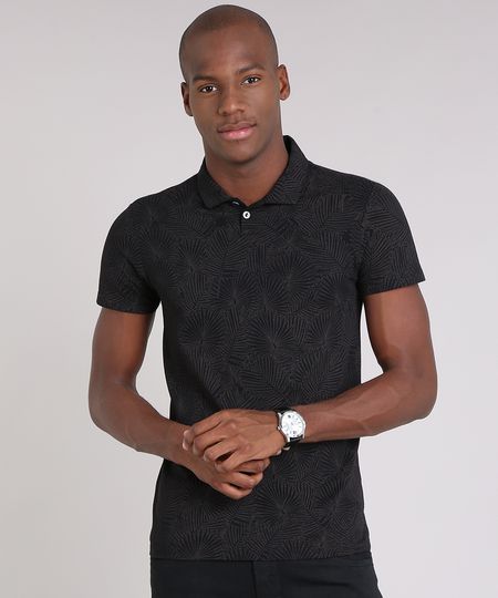 Polo-Masculina-Slim-Fit-Estampada-de-Folhagem-Manga-Curta-em-Algodao---Sustentavel-Preta-9114975-Preto_1