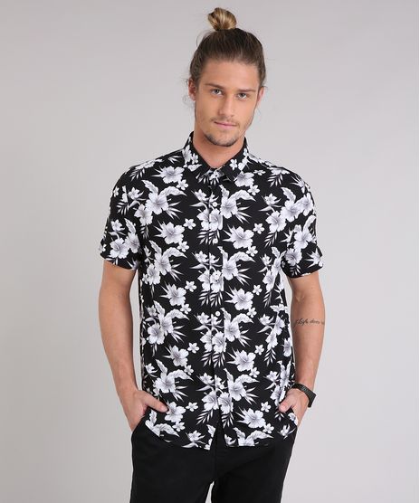 Camisa-Masculina-Estampada-Floral-Manga-Curta-Preta-9180322-Preto_1