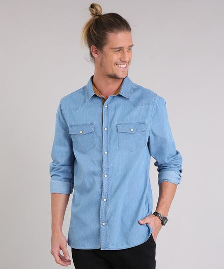 Camisa-Jeans-Masculina-com-Recortes-em-Suede-Manga-Longa-Azul-Claro-8886482-Azul_Claro_1 Camisa-Jeans-Masculina-com-Recortes-em-Suede-Manga-Longa-Azul-Claro-8886482-Azul_Claro_1