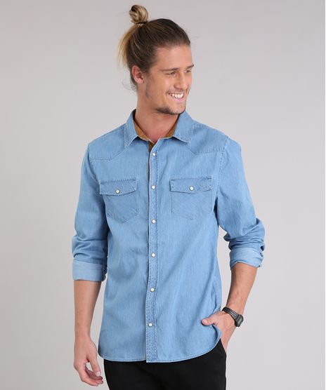 Camisa-Jeans-Masculina-com-Recortes-em-Suede-Manga-Longa-Azul-Claro-8886482-Azul_Claro_1