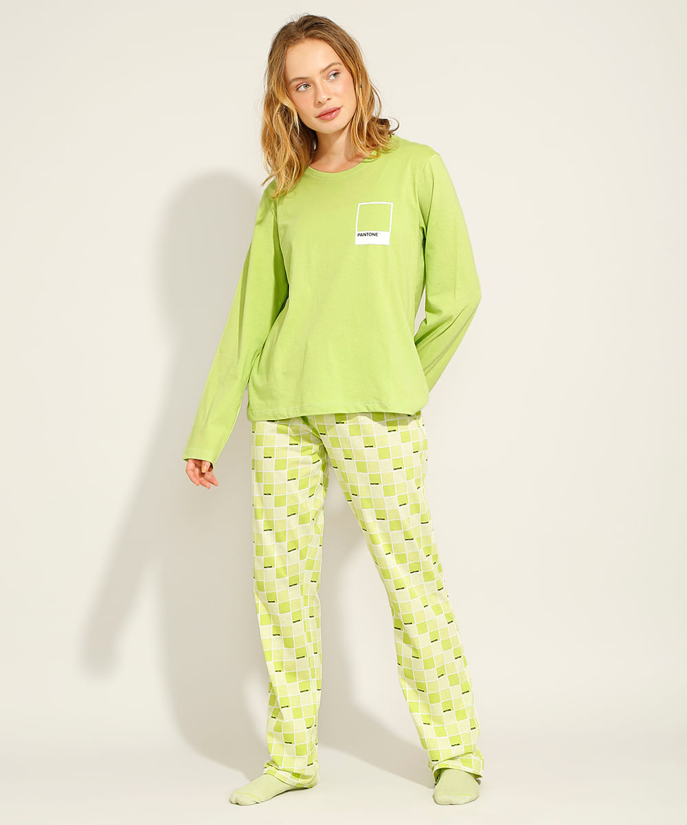 Pijama de Algodão Manga Longa Pantone Verde