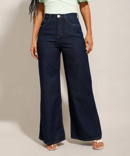 Calça Wide Leg Pantalona Jeans Cintura Super Alta Azul Escuro frente