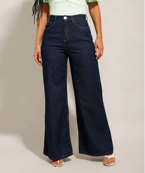 Calça Wide Leg Pantalona Jeans Cintura Super Alta Azul Escuro frente