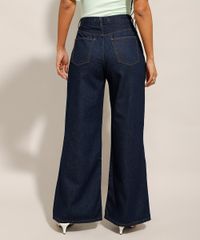 Calça Wide Leg Pantalona Jeans Cintura Super Alta Azul Escuro costas