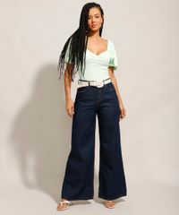 Calça Wide Leg Pantalona Jeans Cintura Super Alta Azul Escuro