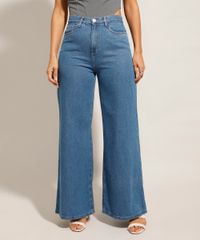 Calça Wide Jeans Cintura Super Alta Azul Médio