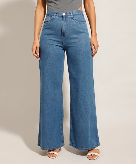 Calça Wide Jeans Cintura Super Alta Azul Médio