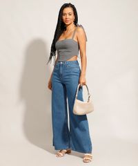 Calça Wide Jeans Cintura Super Alta Azul Médio
