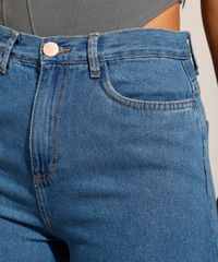 Calça Wide Jeans Cintura Super Alta Azul Médio detalhe