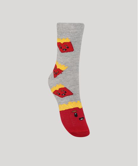 Meia-Cano-Alto-Divertida-Estampada-de-Batatas-Fritas-Cinza-Mescla-9986478-Cinza_Mescla_1