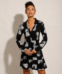 Vestido-Chemise-de-Viscose-Estampado-de-Abacaxis-Curto-Manga-Longa-Preto-9985419-Preto_1