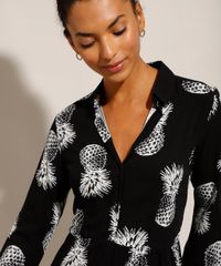 Vestido-Chemise-de-Viscose-Estampado-de-Abacaxis-Curto-Manga-Longa-Preto-9985419-Preto_4