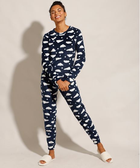 Pijama-Manga-Longa-de-Fleece-Estampado-de-Nuvens-Azul-Marinho-9974110-Azul_Marinho_1