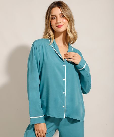 Camisa-de-Pijama-Manga-Longa-em-Viscose-com-Vivo-Contrastante-Verde-9954382-Verde_1