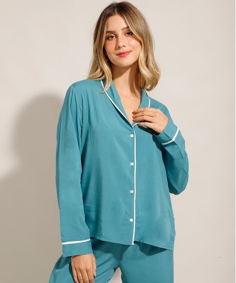 Camisa-de-Pijama-Manga-Longa-em-Viscose-com-Vivo-Contrastante-Verde-9954382-Verde_1