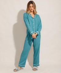 Camisa-de-Pijama-Manga-Longa-em-Viscose-com-Vivo-Contrastante-Verde-9954382-Verde_3