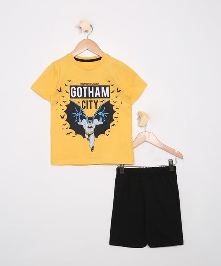Conjunto-Infantil-Camiseta-Batman-Manga-Curta-Amarela---Bermuda-Preto-9987150-Preto_1