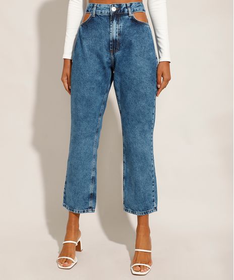 Calca-Jeans-Feminina-Reta-Cintura-Alta-Marmorizada-Cut-Out-Azul-Medio-9971544-Azul_Medio_1