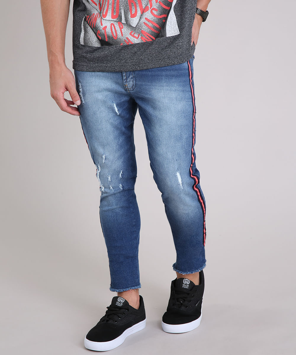 calça jeans com faixa lateral masculina