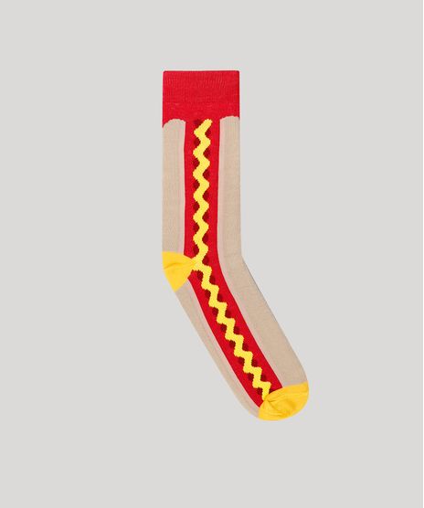 Meia-Masculina-Divertida-Cachorro-Quente-Cano-Alto-Bege-9076286-Bege_1