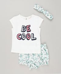 Conjunto-Infantil-de-Blusa--Be-Cool--Manga-Curta---Short-Estampado-Floral---Faixa-de-Cabelo-em-Algodao---Sustentavel-Off-White-8959632-Off_White_1